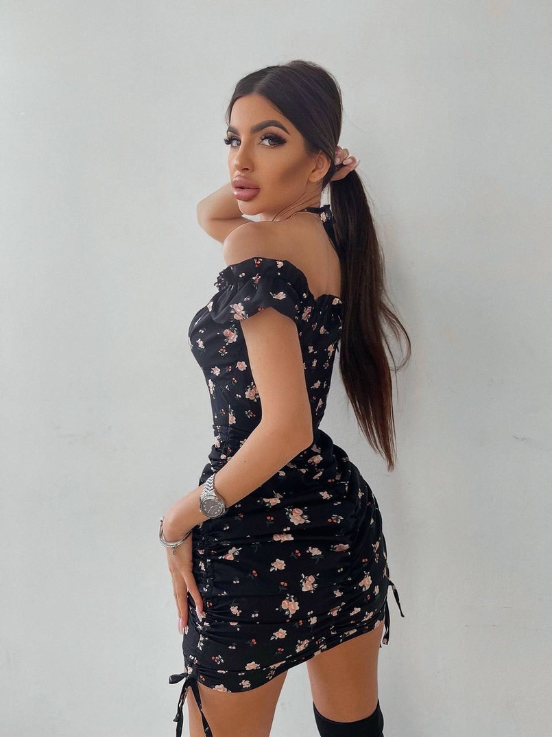 Цветочное платье мини с корсетной вставкой  на талии и присобранной юбкой  | PUSHKA SHOP