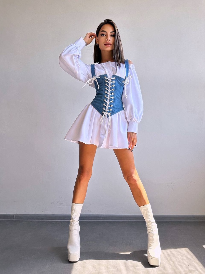 Приталена сукня-сорочка на плічках  з джинсовим корсетом на шнурівці  | PUSHKA SHOP