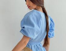 Льняное платье-миди с запахом и объемными рукавами  | PUSHKA SHOP