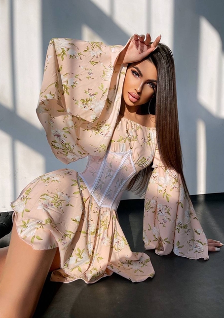 Сукня асиметричного крою з розкльошеними рукавами + корсет декорований стразами Ручна робота | PUSHKA SHOP