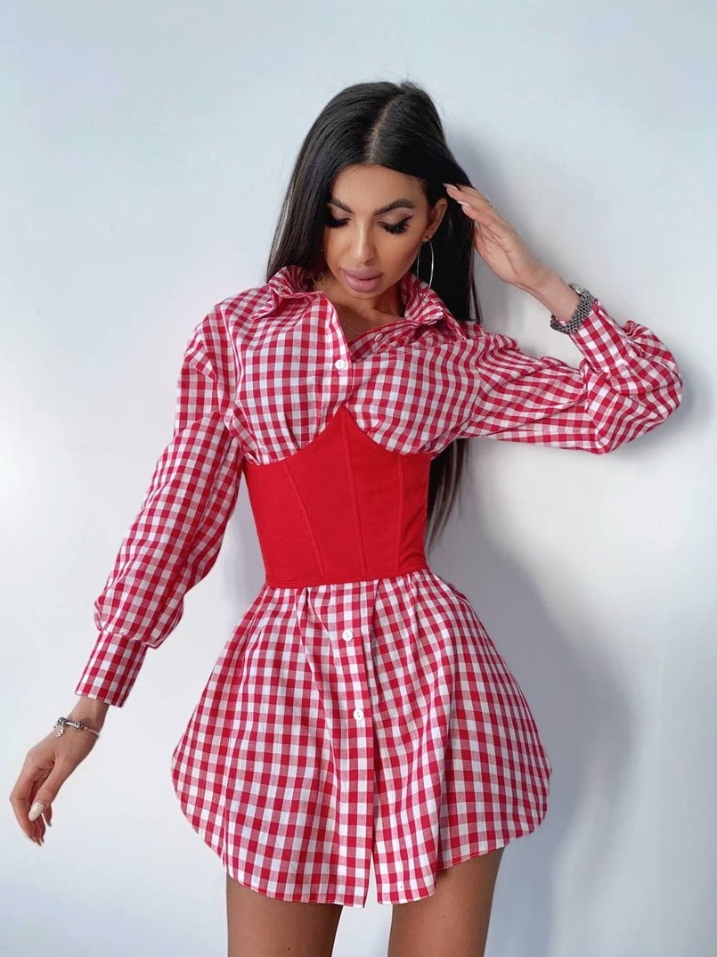 Платье-рубашка в клетку с корсетом на косточках со шнуровкой Платье-рубашка в клетку с корсетом на косточках со шнуровкой | PUSHKA SHOP