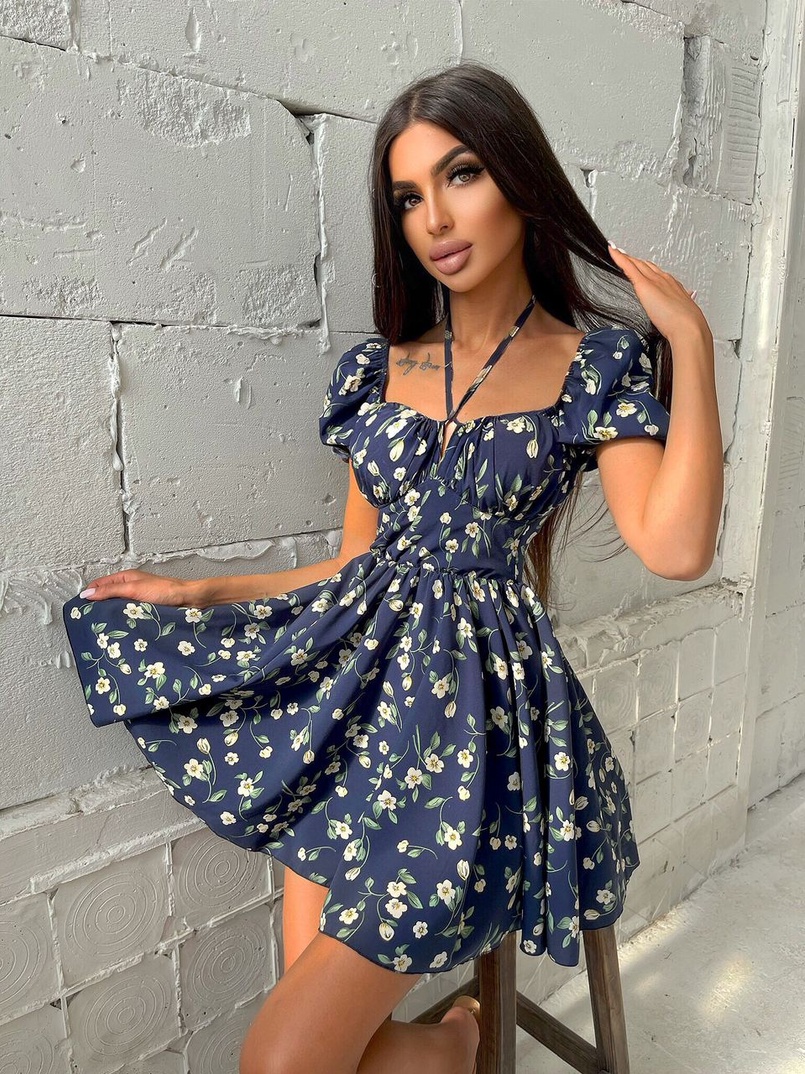 Летнее цветочное платье с завязками на груди  | PUSHKA SHOP