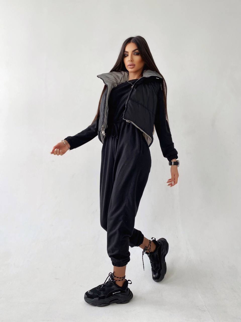 Комплект: комфортный трикотажный комбинезон   укорочённый двухсторонний жилет  | PUSHKA SHOP