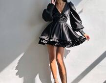 Атласна сукня з пишною подвійною спідницею та об‘ємними рукавами | PUSHKA SHOP