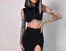 Комплект: топ з бахромою зі страз та спідниця з розрізом  | PUSHKA SHOP