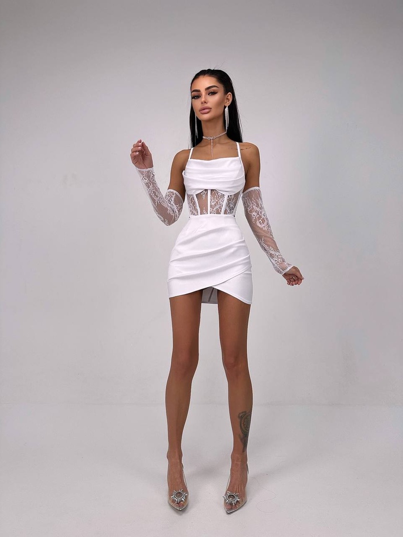 Комплект: корсет, декорований мереживом   + рукавички+ спідниця міні з драпіруванням   | PUSHKA SHOP