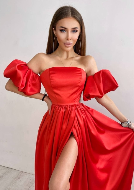 Атласное платье макси с объемными рукавами   | PUSHKA SHOP