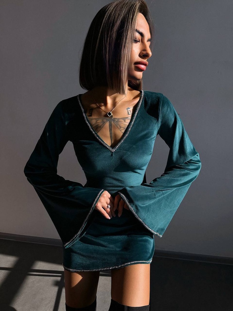 Оксамитова сукня, декорована стразами з розкльошоними рукавами Оксамитова сукня, декорована стразами з розкльошоними рукавами | PUSHKA SHOP