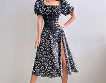 Сукня міді з розрізом в квітковий принт + прозорий корсет  Сукня міді з розрізом в квітковий принт + прозорий корсет  | PUSHKA SHOP