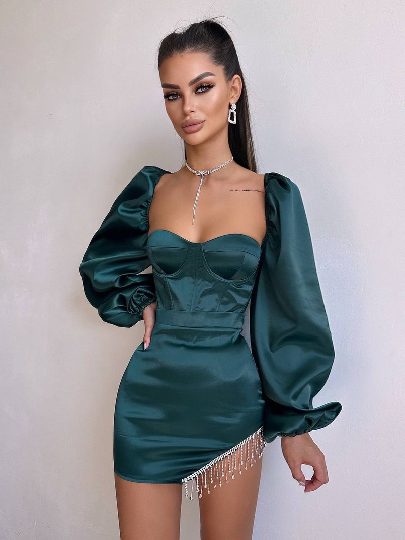 Атласний  комплект: корсет + спідниця декорована бахромою зі страз | PUSHKA SHOP