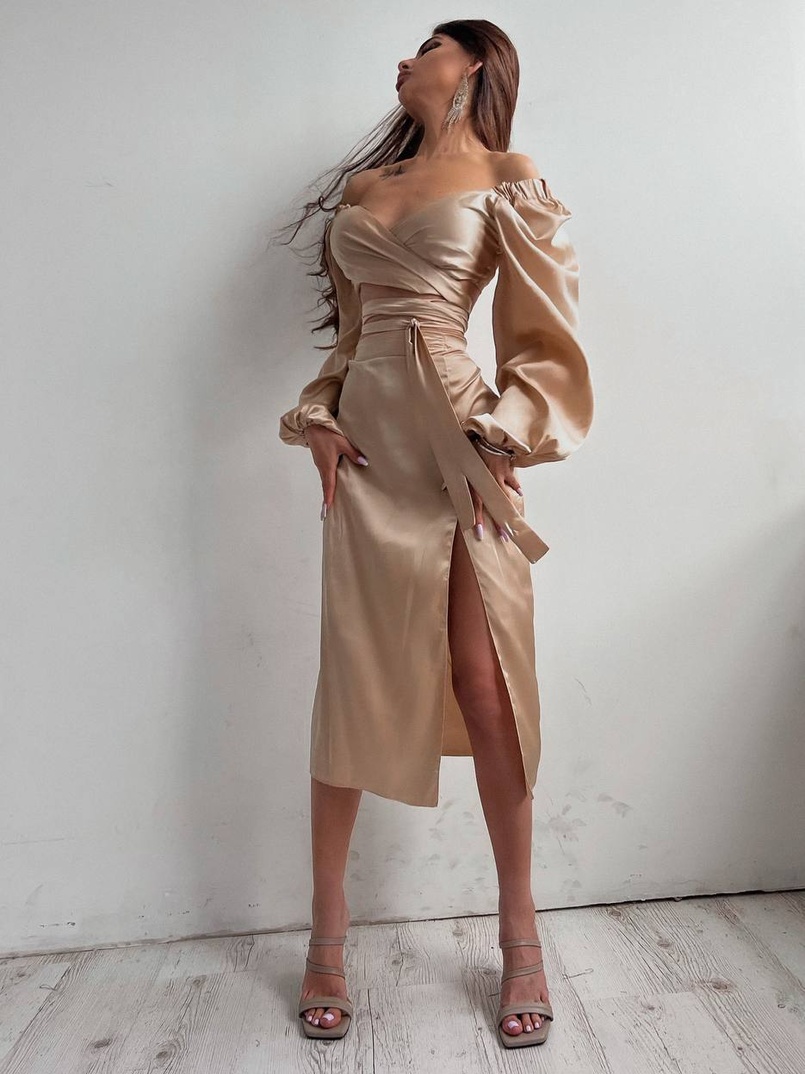 Шелковый комплект: топ с завязками на талии + юбка миди с разрезом  | PUSHKA SHOP