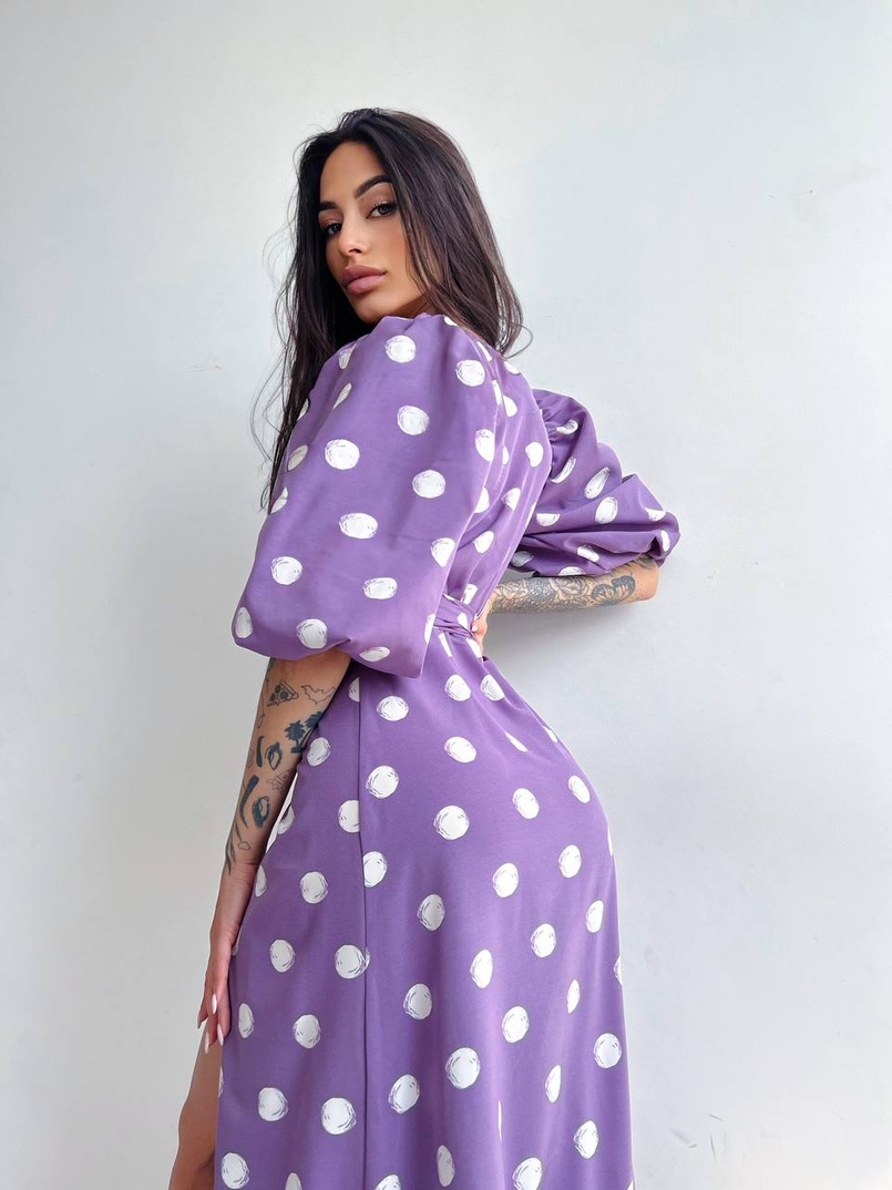 Платье миди в горох с запахом и объемными рукавами  | PUSHKA SHOP