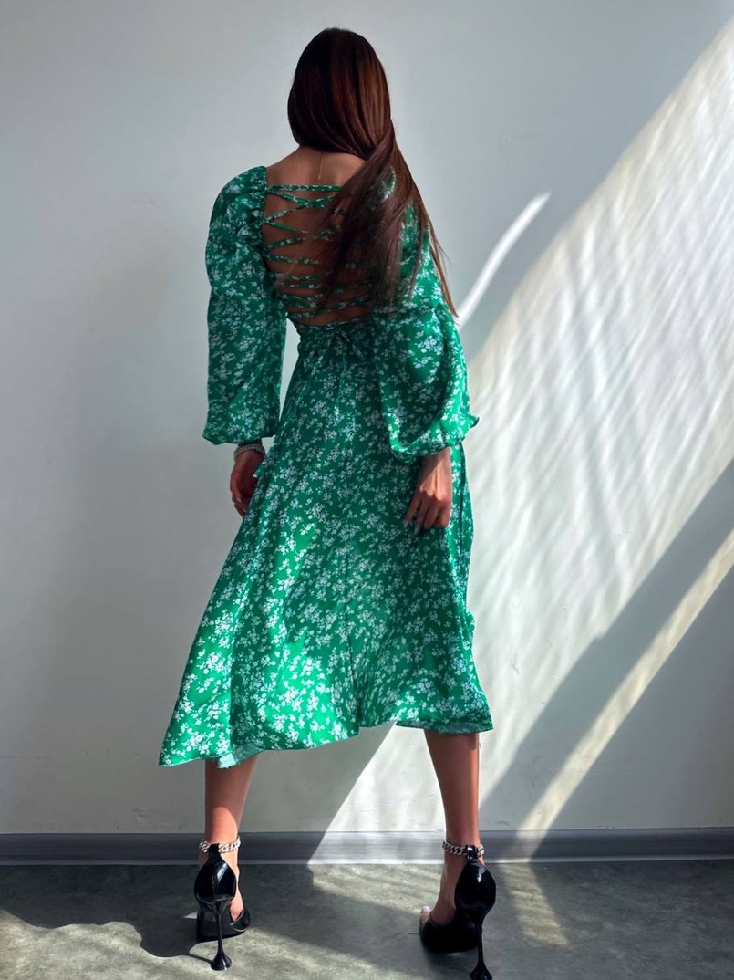 Квіткова сукня-міді зі шнурівкою на спинці та розрізом на ніжці | PUSHKA SHOP