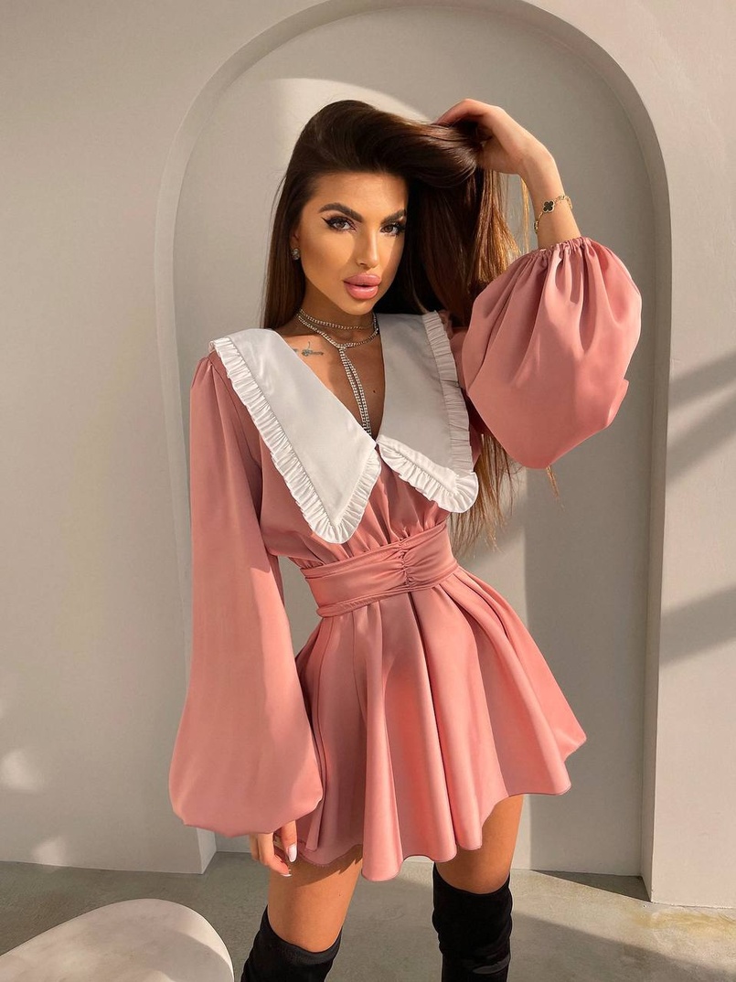 Сукня з коміром та об'ємними рукавами з широким поясом Сукня з коміром та об'ємними рукавами з широким поясом | PUSHKA SHOP