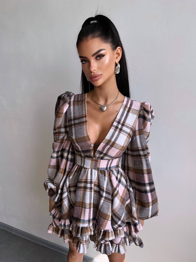 Сукня з подвійною спідницею та обʼємними рукавами у клітинку  | PUSHKA SHOP