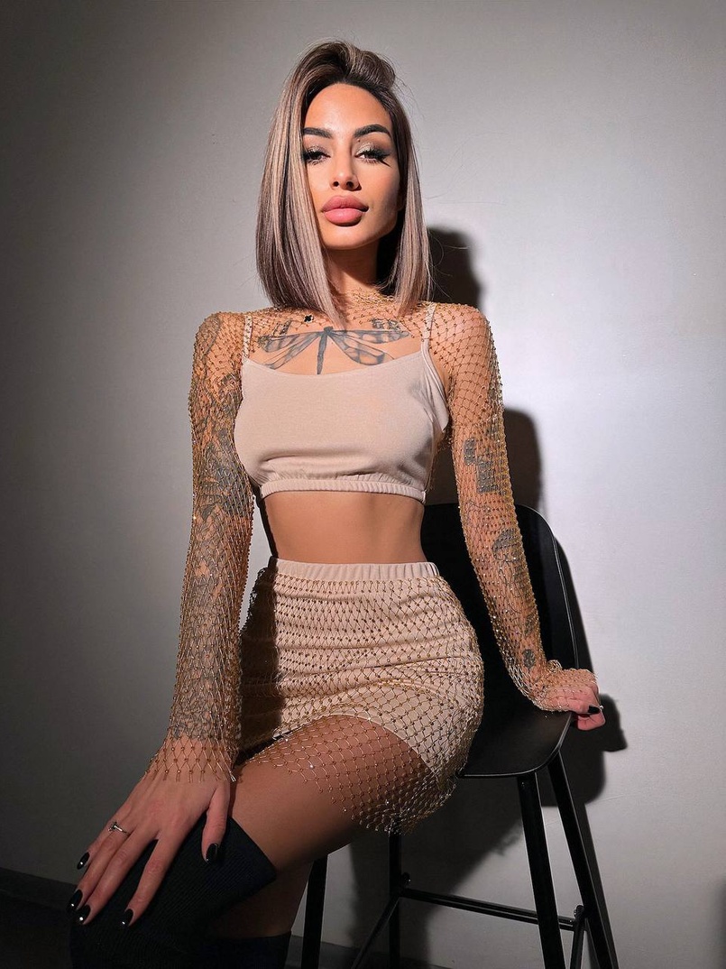 Комплект: топ + спідниця із сіткою зі стразами  | PUSHKA SHOP