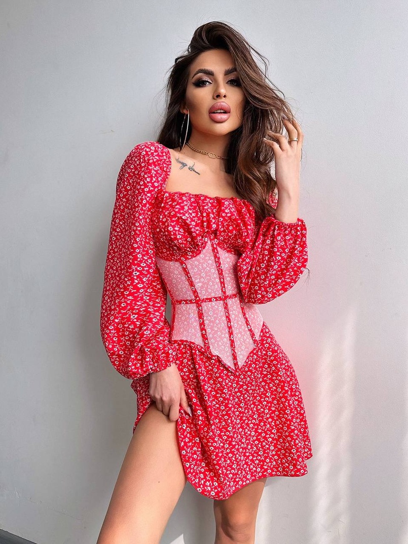 Сукня міні в квітковий принт + прозорий корсет  | PUSHKA SHOP