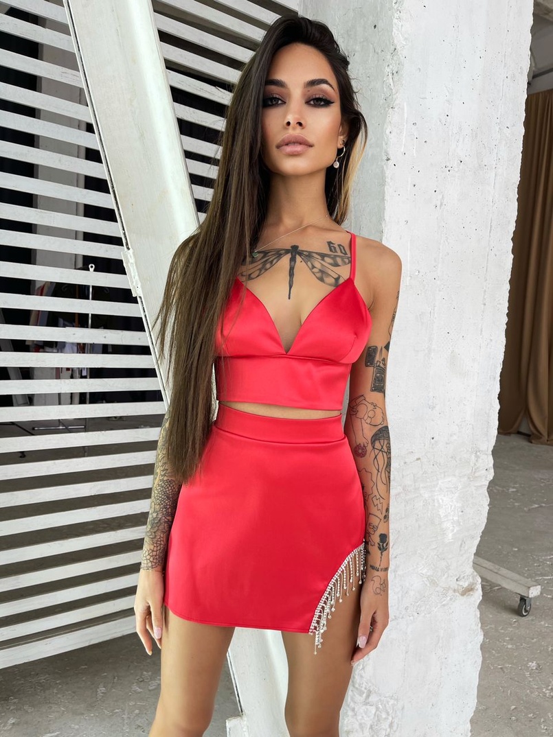 Комплект: топ + юбка, декорированная бахромой из страз  Комплект: топ + юбка, декорированная бахромой из страз  | PUSHKA SHOP