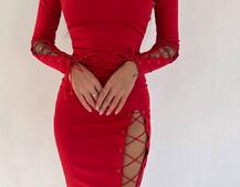 Сукня міді зі шнурівкою на ніжці та на рукавах | PUSHKA SHOP