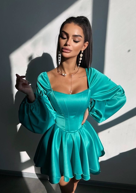 Атласна корсетна сукня з пишною подвійною спідницею та об‘ємними рукавами Атласна корсетна сукня з пишною подвійною спідницею та об‘ємними рукавами | PUSHKA SHOP