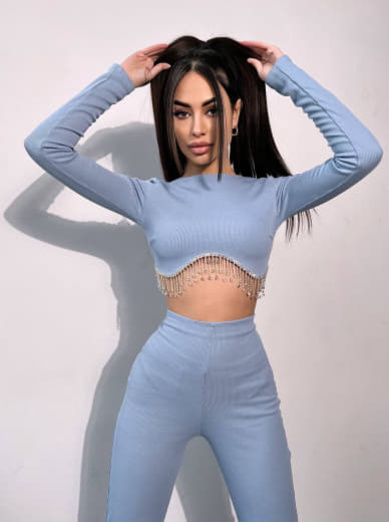 Комплект : штани кльош і топ , декорований бахромою зі страз Ручна робота | PUSHKA SHOP