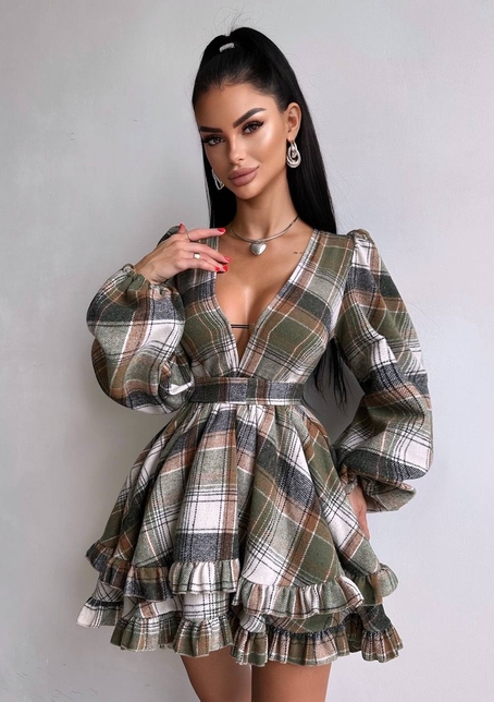 Сукня з подвійною спідницею та обʼємними рукавами у клітинку  | PUSHKA SHOP