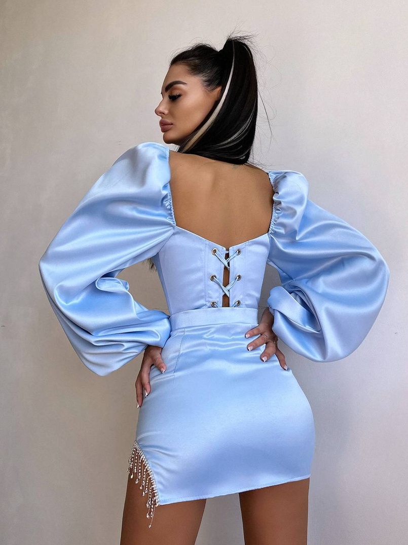 Атласний  комплект: корсет + спідниця декорована бахромою зі страз | PUSHKA SHOP