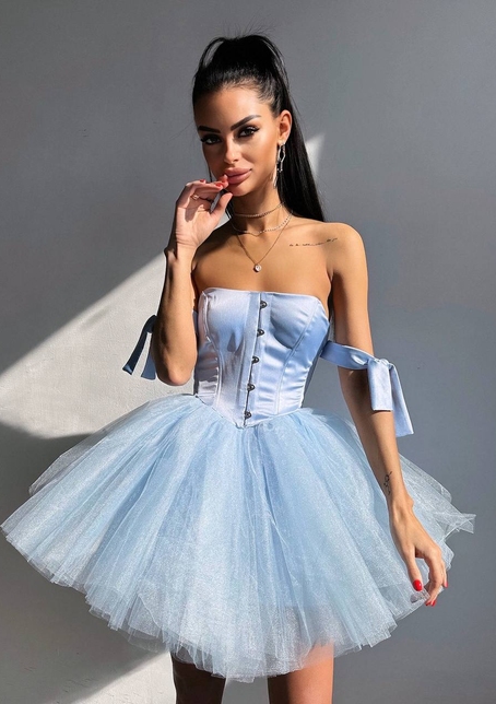 Атласна корсетна сукня міні з гачками та пишною фатиновою спідницею  | PUSHKA SHOP