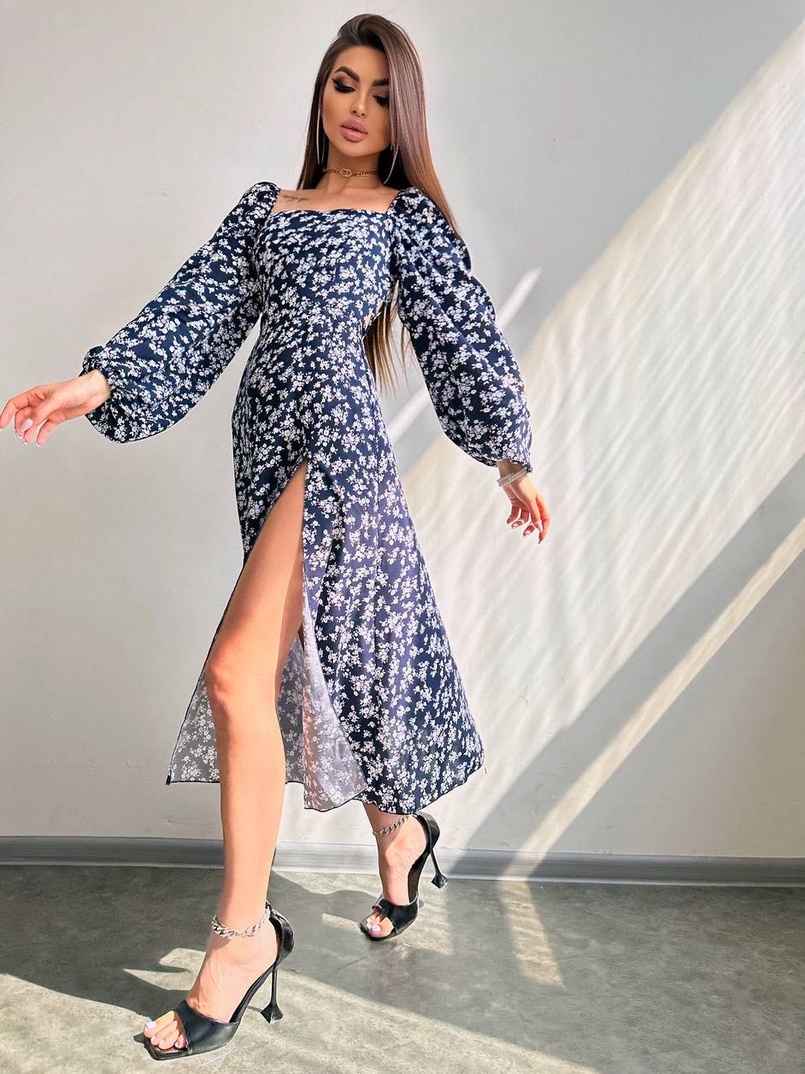 Квіткова сукня-міді зі шнурівкою на спинці та розрізом на ніжці | PUSHKA SHOP