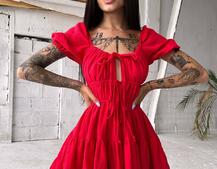 Муслиновое платье с оборками и завязками на груди Муслиновое платье с оборками и завязками на груди | PUSHKA SHOP