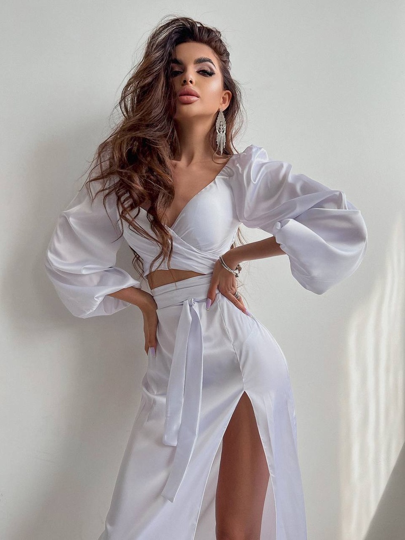 Шелковый комплект: топ с завязками на талии + юбка миди с разрезом  | PUSHKA SHOP