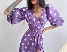 Платье миди в горох с запахом и объемными рукавами  | PUSHKA SHOP