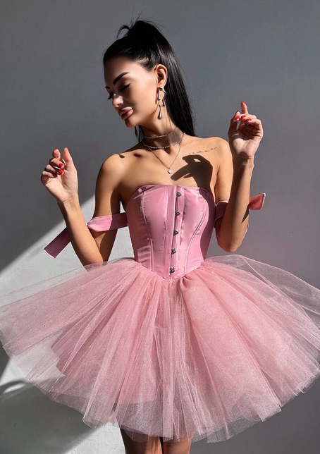 Атласна корсетна сукня міні з гачками та пишною фатиновою спідницею  | PUSHKA SHOP