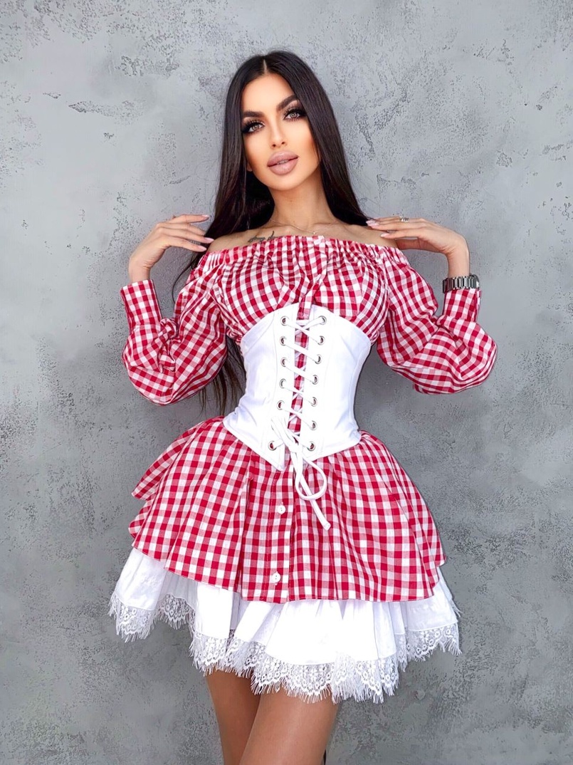 Хлопковое платье в клетку с подъюбником и корсетом из эко-кожи Хлопковое платье в клетку с подъюбником и корсетом из эко-кожи | PUSHKA SHOP