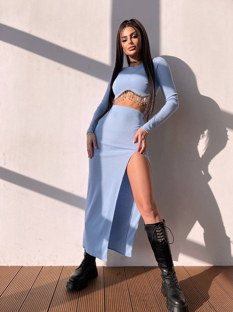 Комплект: спідниця з розрізом + топ, декорований бахромой зі страз | PUSHKA SHOP