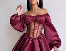 Атласна сукня з обʼємними рукавами та мереживом | PUSHKA SHOP