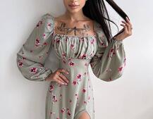 Сукня міді з розрізом в квітковий принт + прозорий корсет Сукня міді з розрізом в квітковий принт + прозорий корсет | PUSHKA SHOP