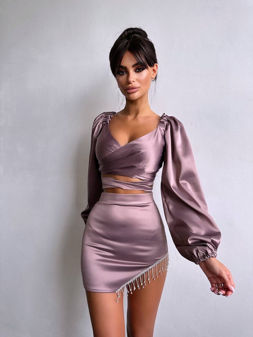 Атласний комплект, декорований бахромою зі страз | PUSHKA SHOP