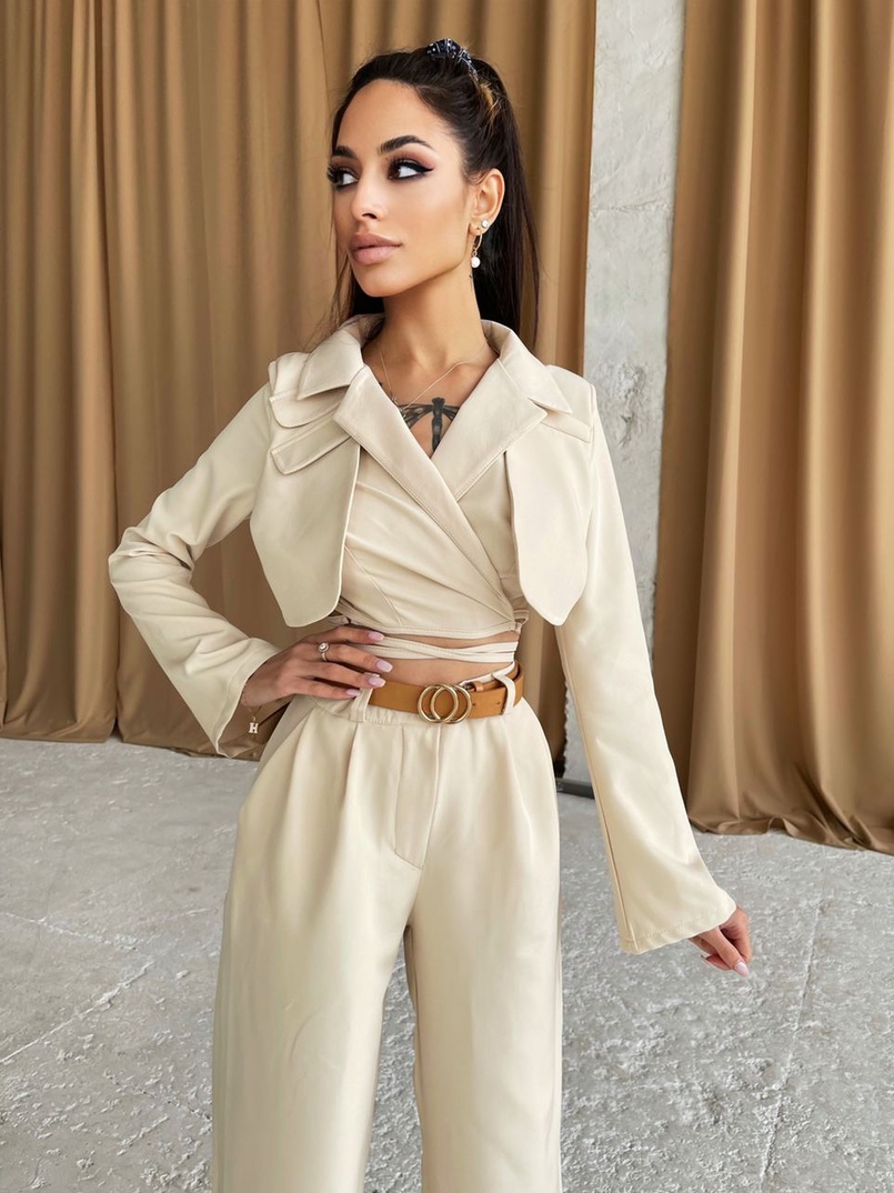 Комплект: укорочённый пиджак с завязками на талии + брюки Комплект: укорочённый пиджак с завязками на талии + брюки | PUSHKA SHOP