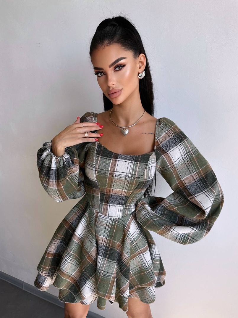 Корсетна сукня з подвійною спідницею та обʼємними рукавами у клітинку  | PUSHKA SHOP