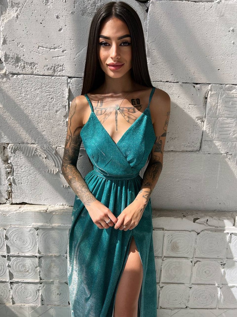 Блестящее платье-макси с разрезом   | PUSHKA SHOP