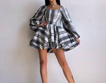 Корсетна сукня з подвійною спідницею та обʼємними рукавами у клітинку Корсетна сукня з подвійною спідницею та обʼємними рукавами у клітинку | PUSHKA SHOP