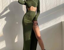 Трикотажный комплект: топ с чашечками push up + юбка миди с разрезом  | PUSHKA SHOP