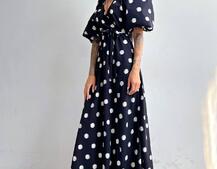 Платье миди в горох с запахом и объемными рукавами  Платье миди в горох с запахом и объемными рукавами  | PUSHKA SHOP