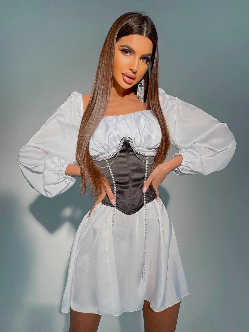 Шелковое платье с корсетом декорированным стразами   | PUSHKA SHOP