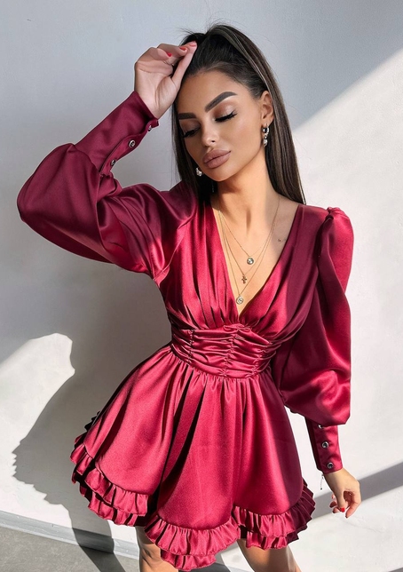 Атласна сукня з пишною подвійною спідницею та об‘ємними рукавами | PUSHKA SHOP