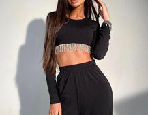 Костюм с расклешенными штанинами , декорированный бахромой из камней Костюм с расклешенными штанинами , декорированный бахромой из камней | PUSHKA SHOP