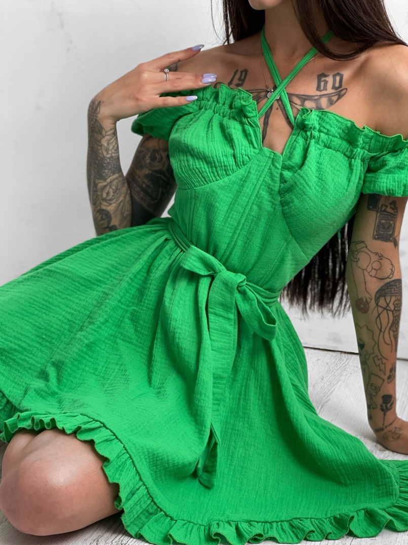 Муслиновое платье мини с корсетной вставкой на талии с косточками Муслиновое платье мини с корсетной вставкой на талии с косточками | PUSHKA SHOP