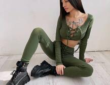 Трикотажный комплект: топ со шнуровкой + леггинсы  Трикотажный комплект: топ со шнуровкой + леггинсы  | PUSHKA SHOP