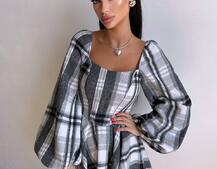 Корсетна сукня з подвійною спідницею та обʼємними рукавами у клітинку Корсетна сукня з подвійною спідницею та обʼємними рукавами у клітинку | PUSHKA SHOP